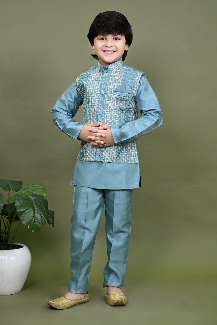 Boys Cotton Silk Embroidered Sequined Kurta Pyjama & Waistcoat Set - Teal Blue | SHOBITAM