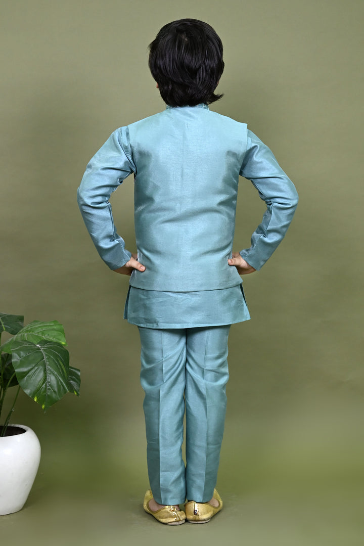 Boys Cotton Silk Embroidered Sequined Kurta Pyjama & Waistcoat Set - Teal Blue | SHOBITAM