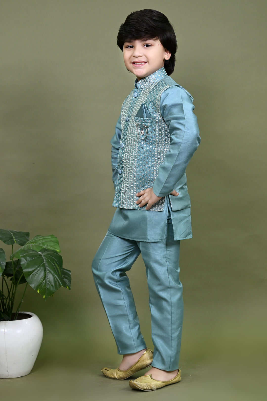 Boys Cotton Silk Embroidered Sequined Kurta Pyjama & Waistcoat Set - Teal Blue | SHOBITAM