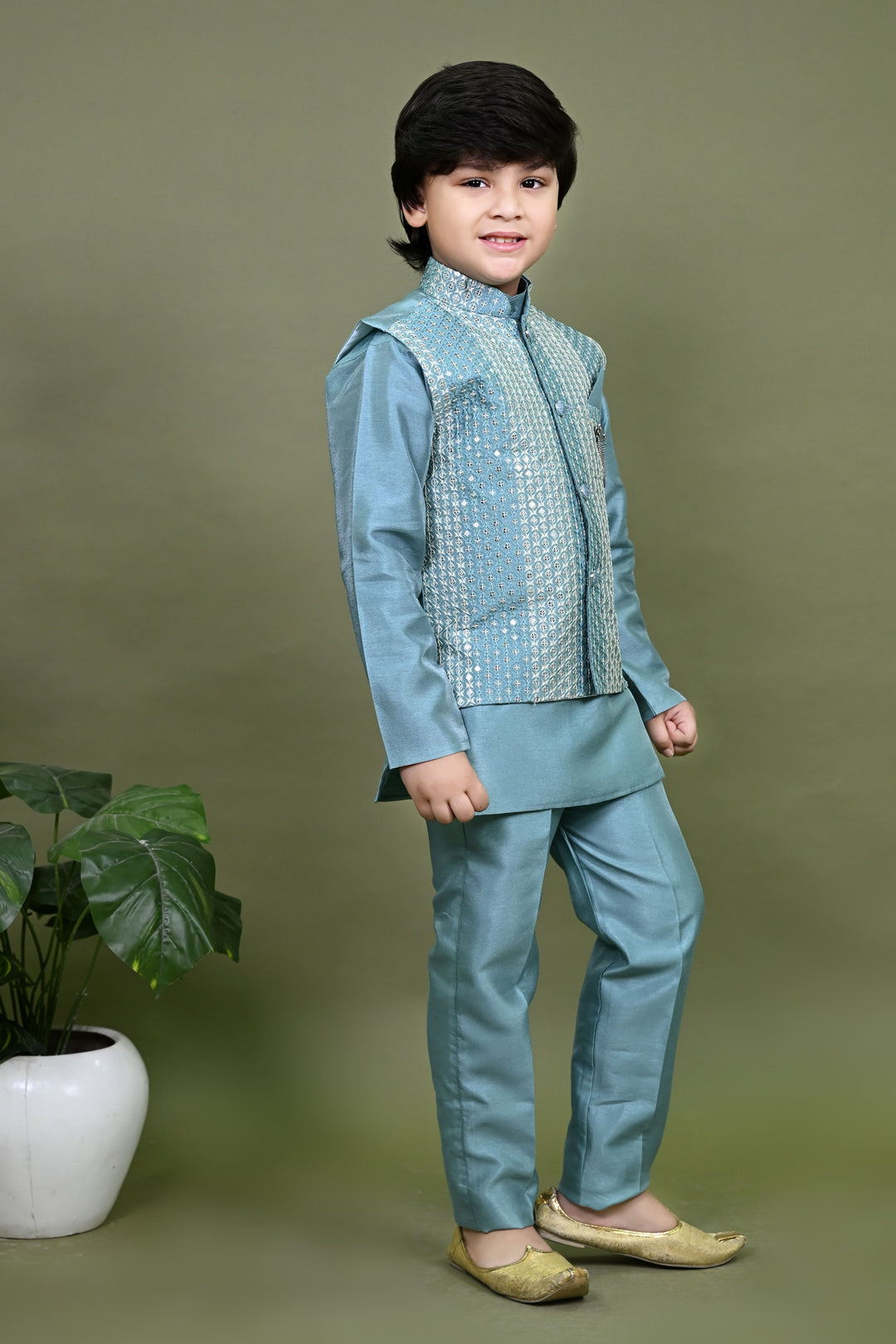 Boys Cotton Silk Embroidered Sequined Kurta Pyjama & Waistcoat Set - Teal Blue | SHOBITAM