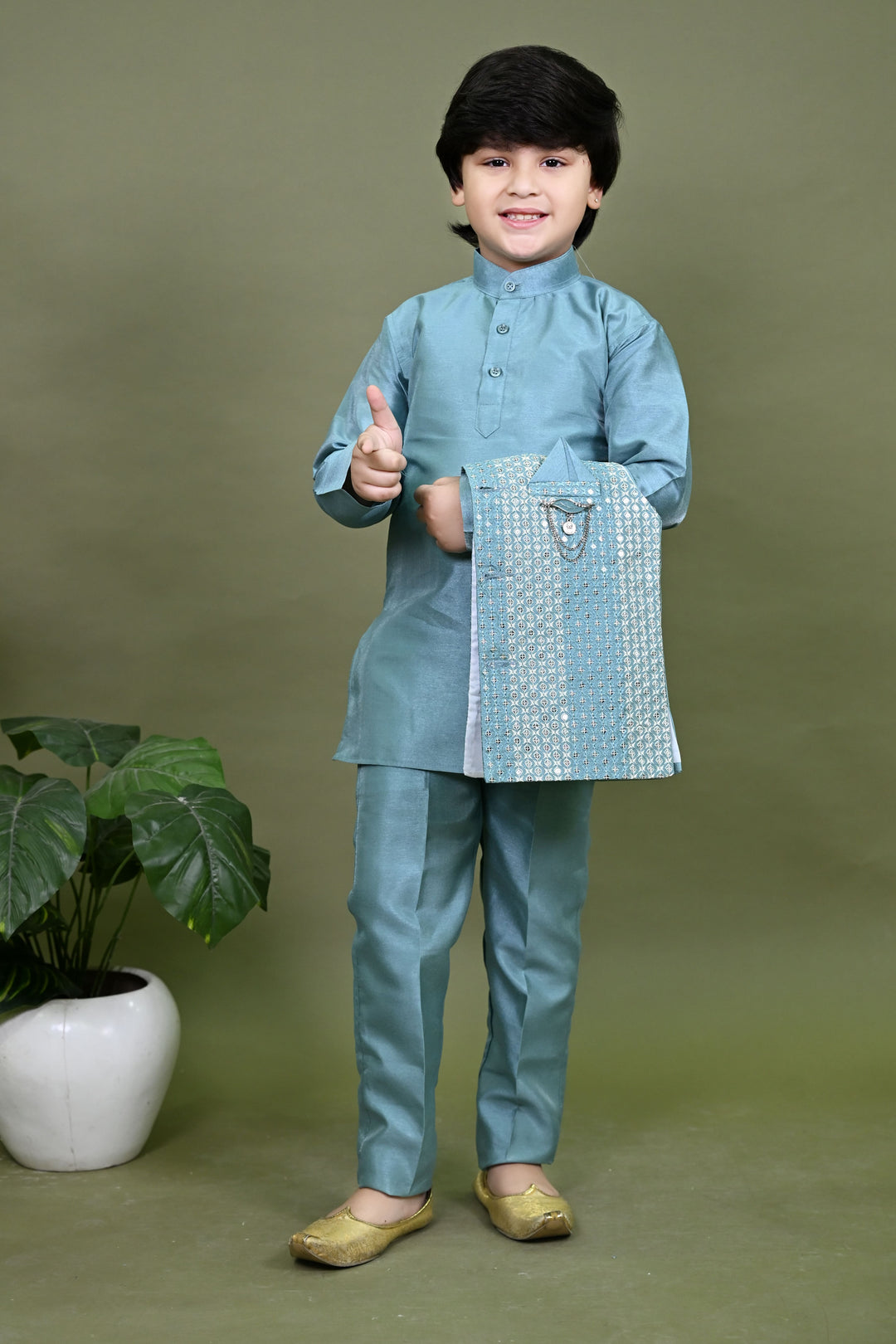 Boys Cotton Silk Embroidered Sequined Kurta Pyjama & Waistcoat Set - Teal Blue | SHOBITAM