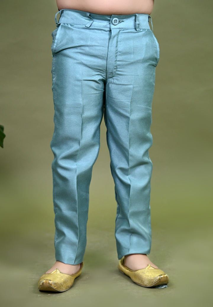 Boys Cotton Silk Embroidered Sequined Kurta Pyjama & Waistcoat Set - Teal Blue | SHOBITAM