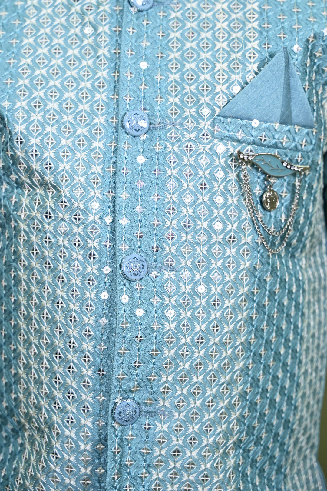 Boys Cotton Silk Embroidered Sequined Kurta Pyjama & Waistcoat Set - Teal Blue | SHOBITAM