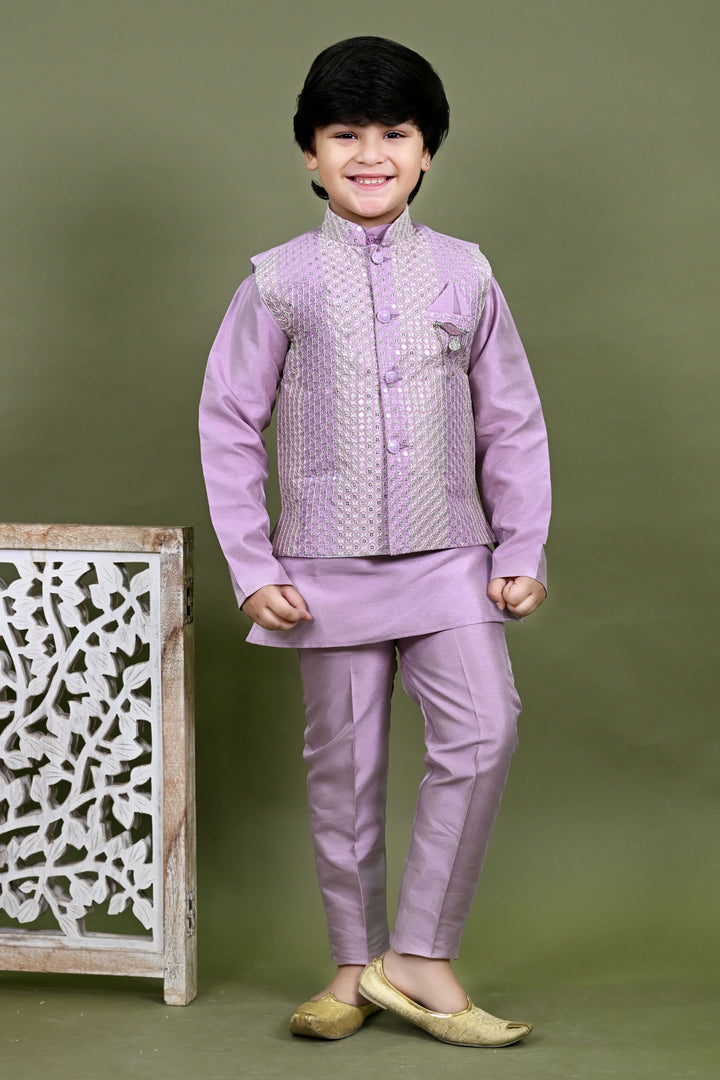 Boys Cotton Silk Embroidered Sequined Kurta Pyjama & Waistcoat Set - Lilac | SHOBITAM