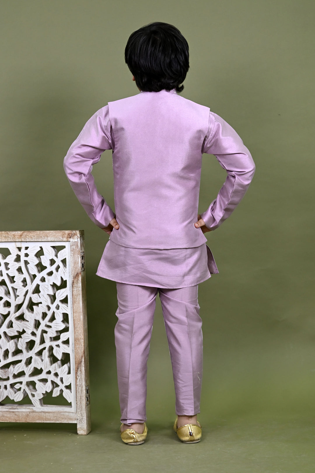 Boys Cotton Silk Embroidered Sequined Kurta Pyjama & Waistcoat Set - Lilac | SHOBITAM
