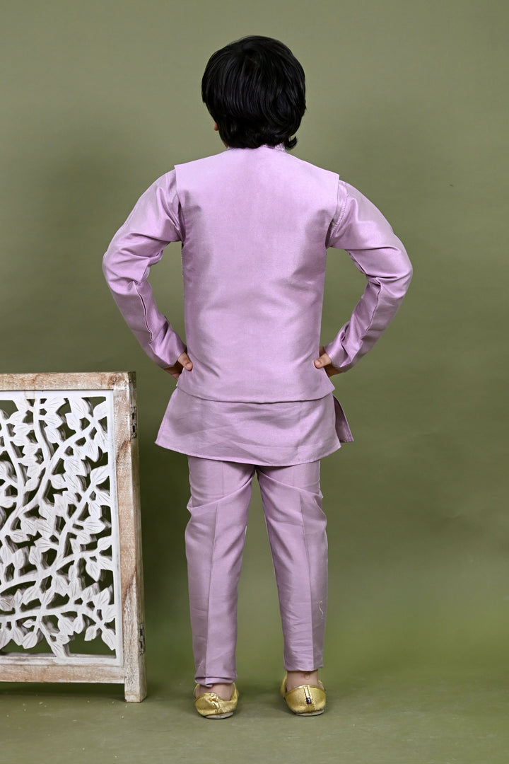 Boys Cotton Silk Embroidered Sequined Kurta Pyjama & Waistcoat Set - Lilac | SHOBITAM