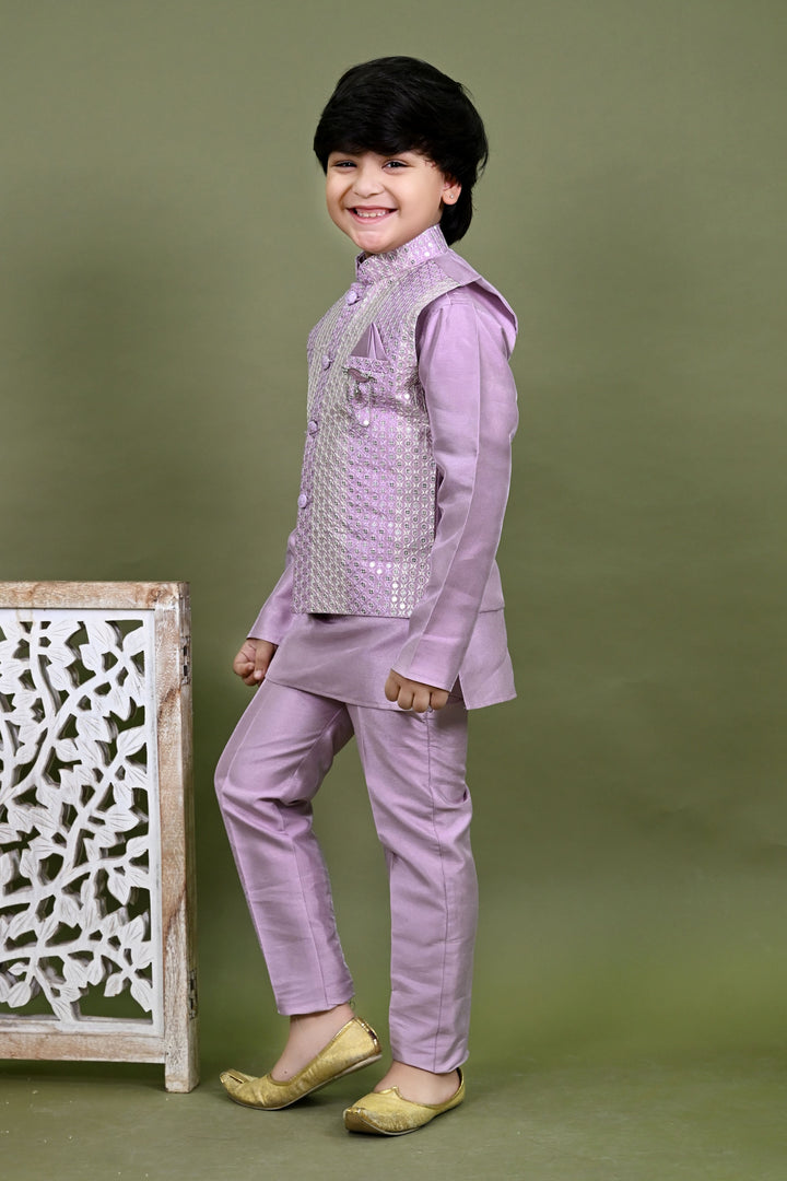 Boys Cotton Silk Embroidered Sequined Kurta Pyjama & Waistcoat Set - Lilac | SHOBITAM