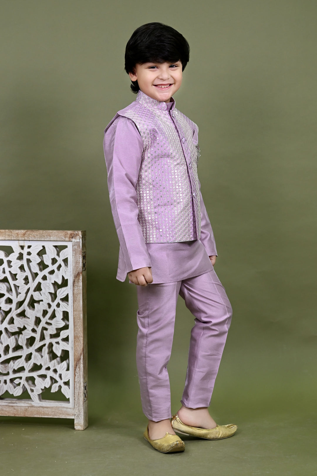 Boys Cotton Silk Embroidered Sequined Kurta Pyjama & Waistcoat Set - Lilac | SHOBITAM