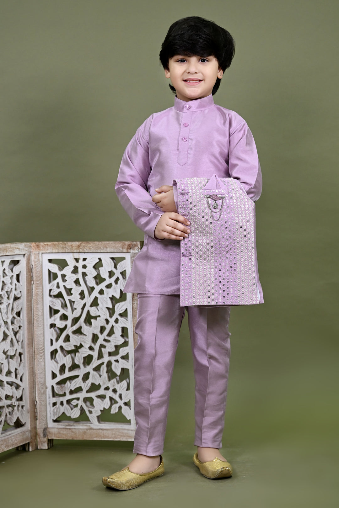 Boys Cotton Silk Embroidered Sequined Kurta Pyjama & Waistcoat Set - Lilac | SHOBITAM