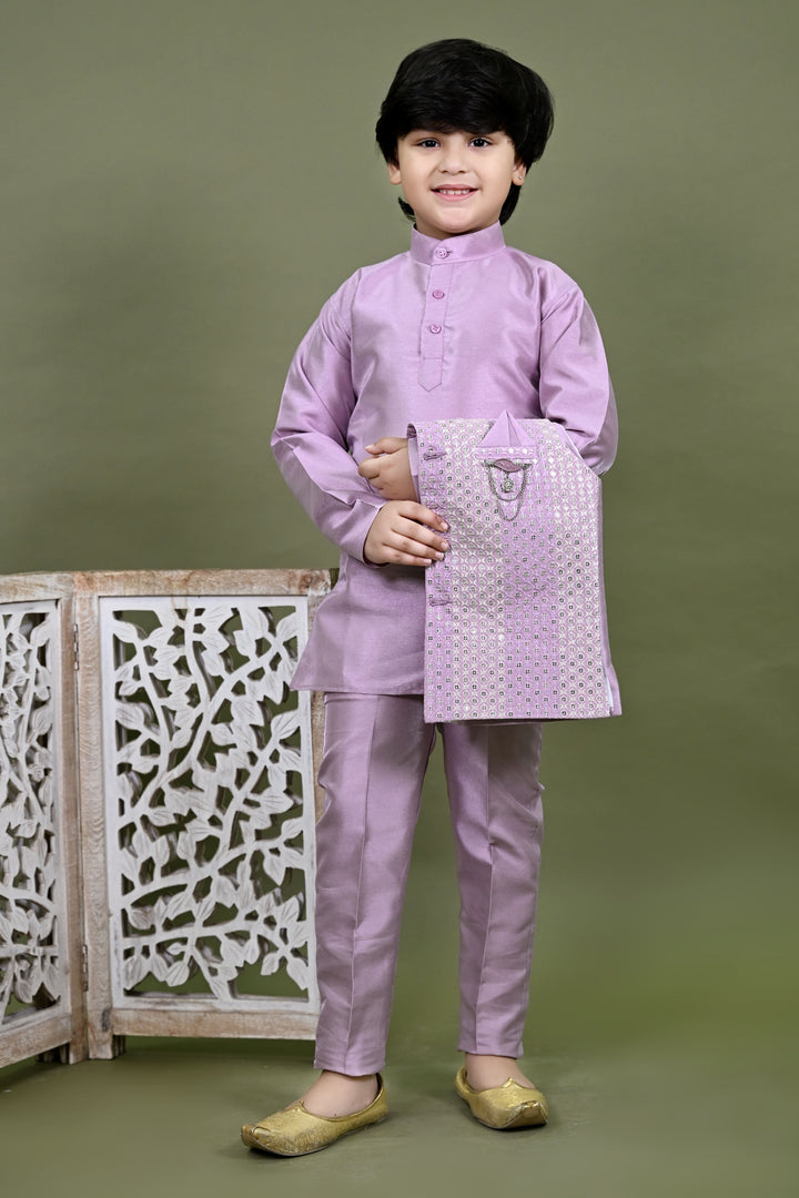 Boys Cotton Silk Embroidered Sequined Kurta Pyjama & Waistcoat Set - Lilac | SHOBITAM