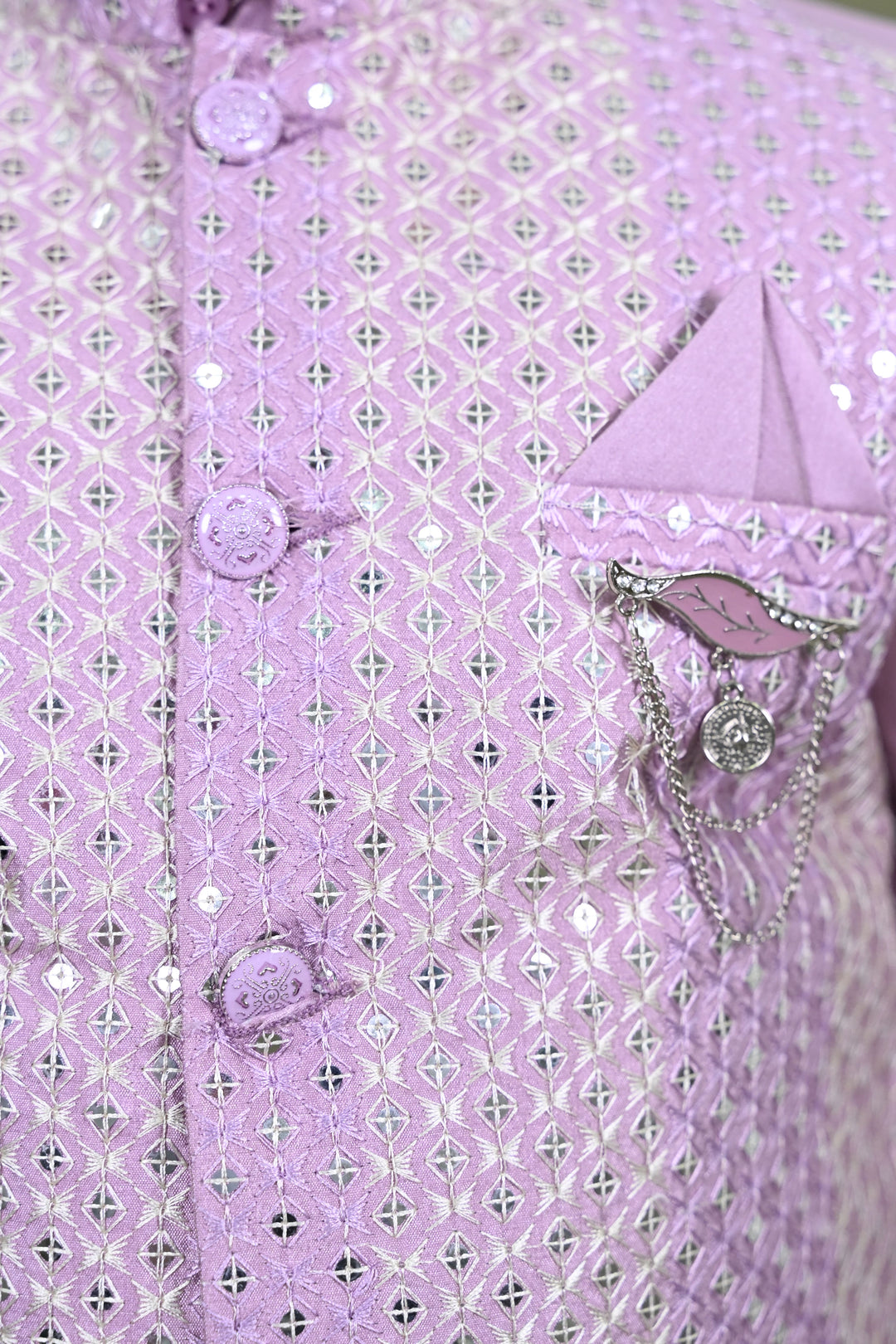 Boys Cotton Silk Embroidered Sequined Kurta Pyjama & Waistcoat Set - Lilac | SHOBITAM