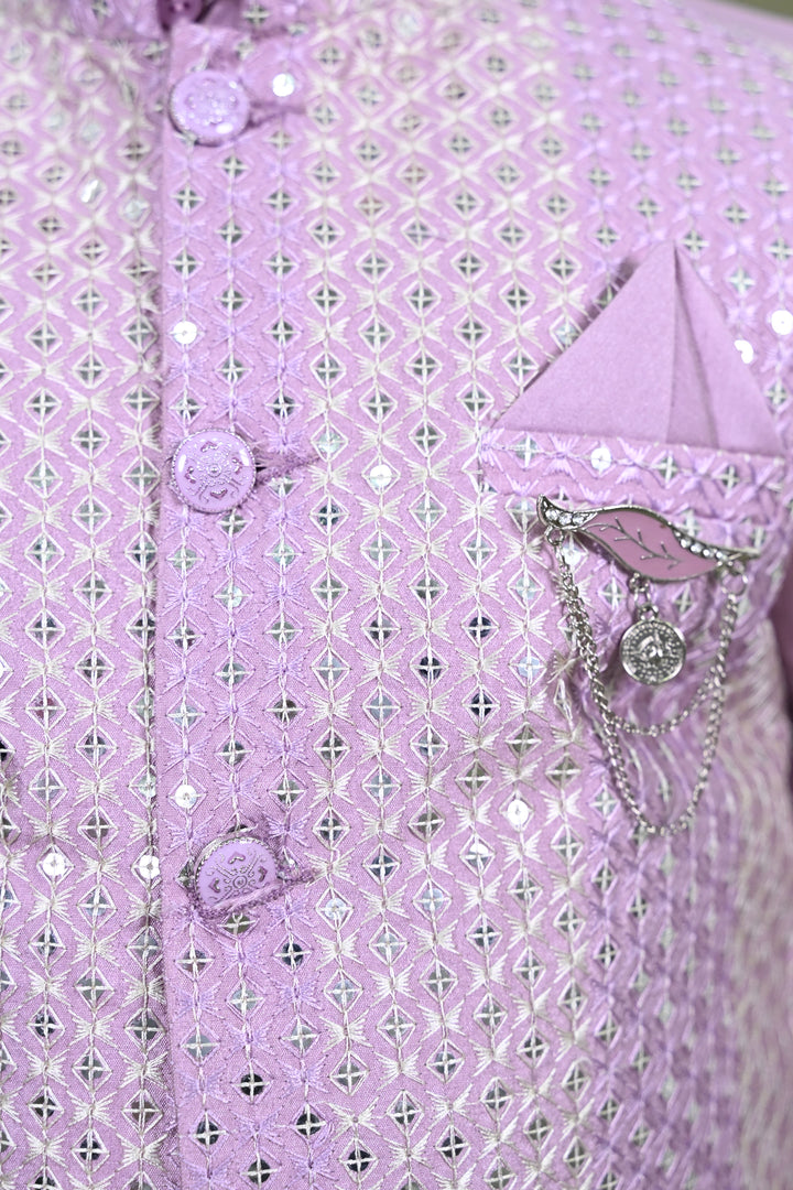 Boys Cotton Silk Embroidered Sequined Kurta Pyjama & Waistcoat Set - Lilac | SHOBITAM