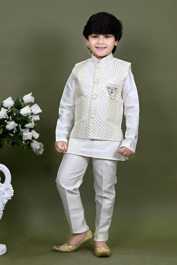 Boys Cotton Silk Embroidered Sequined Kurta Pyjama & Waistcoat Set - White | SHOBITAM