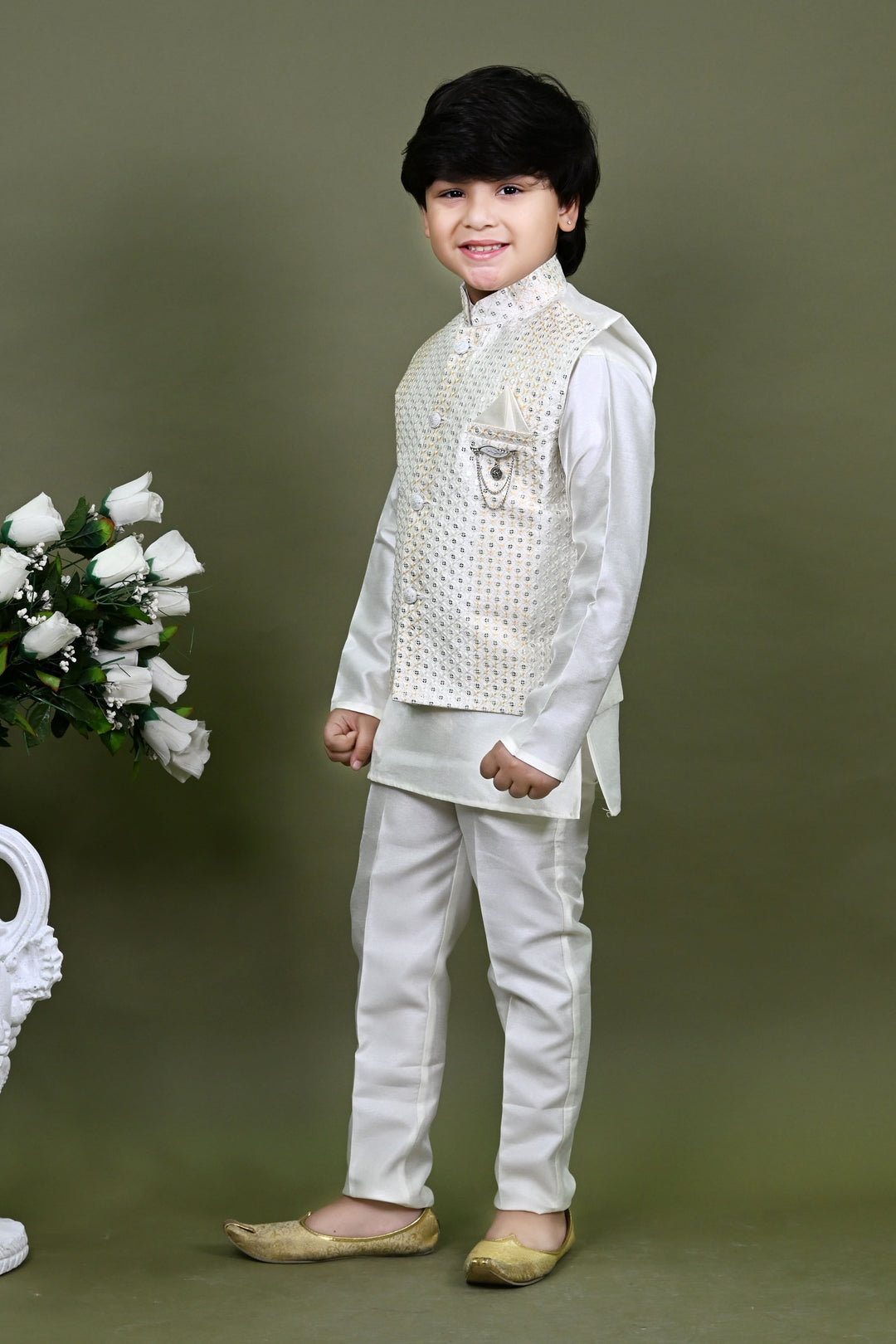 Boys Cotton Silk Embroidered Sequined Kurta Pyjama & Waistcoat Set - White | SHOBITAM