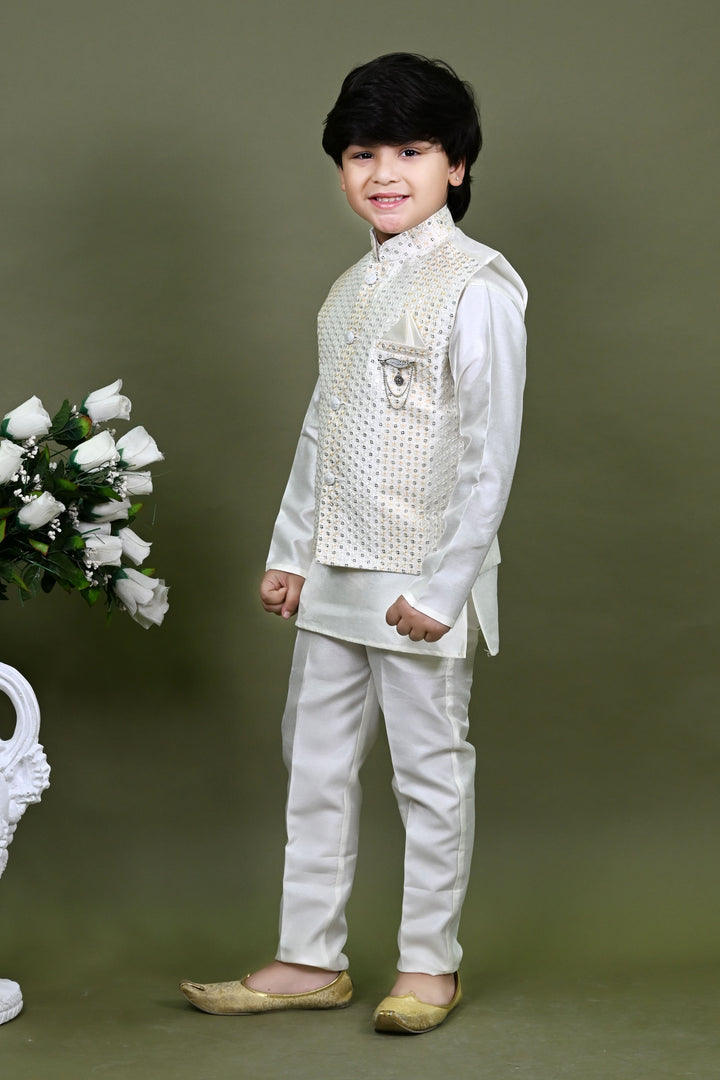 Boys Cotton Silk Embroidered Sequined Kurta Pyjama & Waistcoat Set - White | SHOBITAM