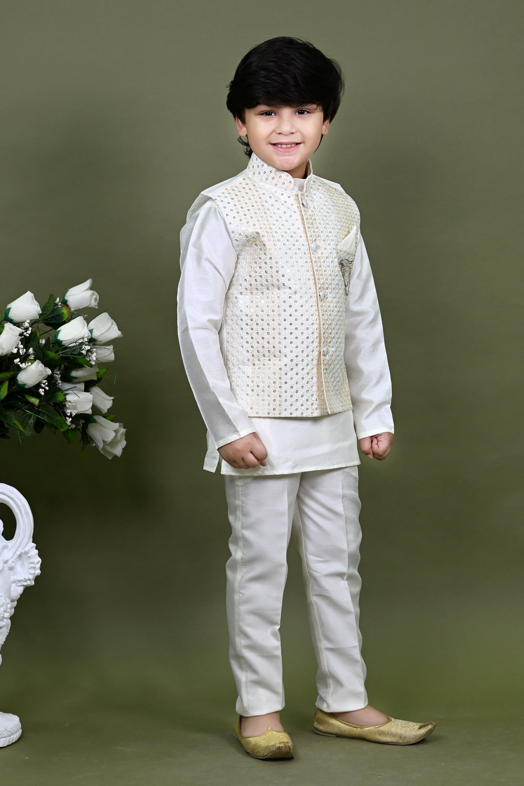 Boys Cotton Silk Embroidered Sequined Kurta Pyjama & Waistcoat Set - White | SHOBITAM
