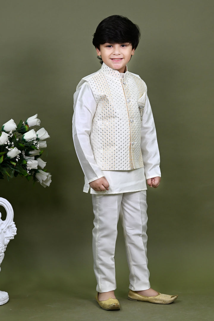 Boys Cotton Silk Embroidered Sequined Kurta Pyjama & Waistcoat Set - White | SHOBITAM