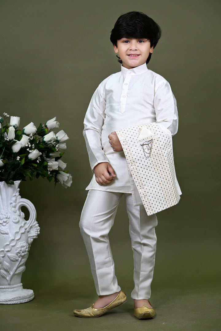 Boys Cotton Silk Embroidered Sequined Kurta Pyjama & Waistcoat Set - White | SHOBITAM