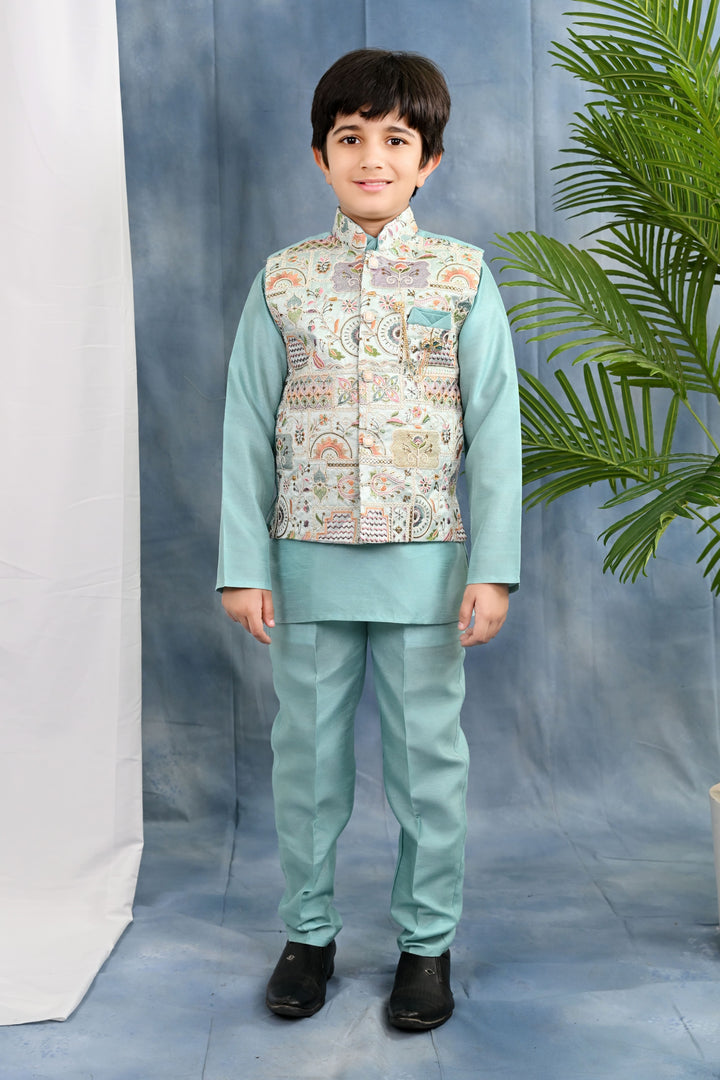 Boys Cotton Silk Kurta & Pyjama Set With Threadwork Embroidered Waistcoat - Light Blue | SHOBITAM