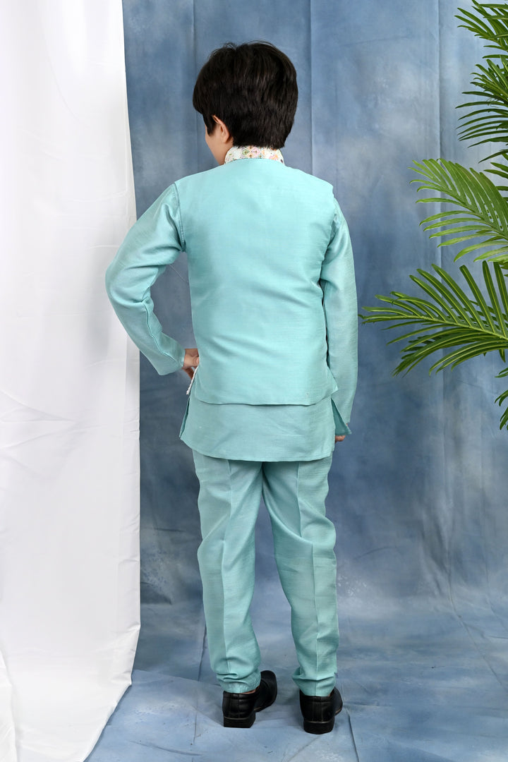 Boys Cotton Silk Kurta & Pyjama Set With Threadwork Embroidered Waistcoat - Light Blue | SHOBITAM