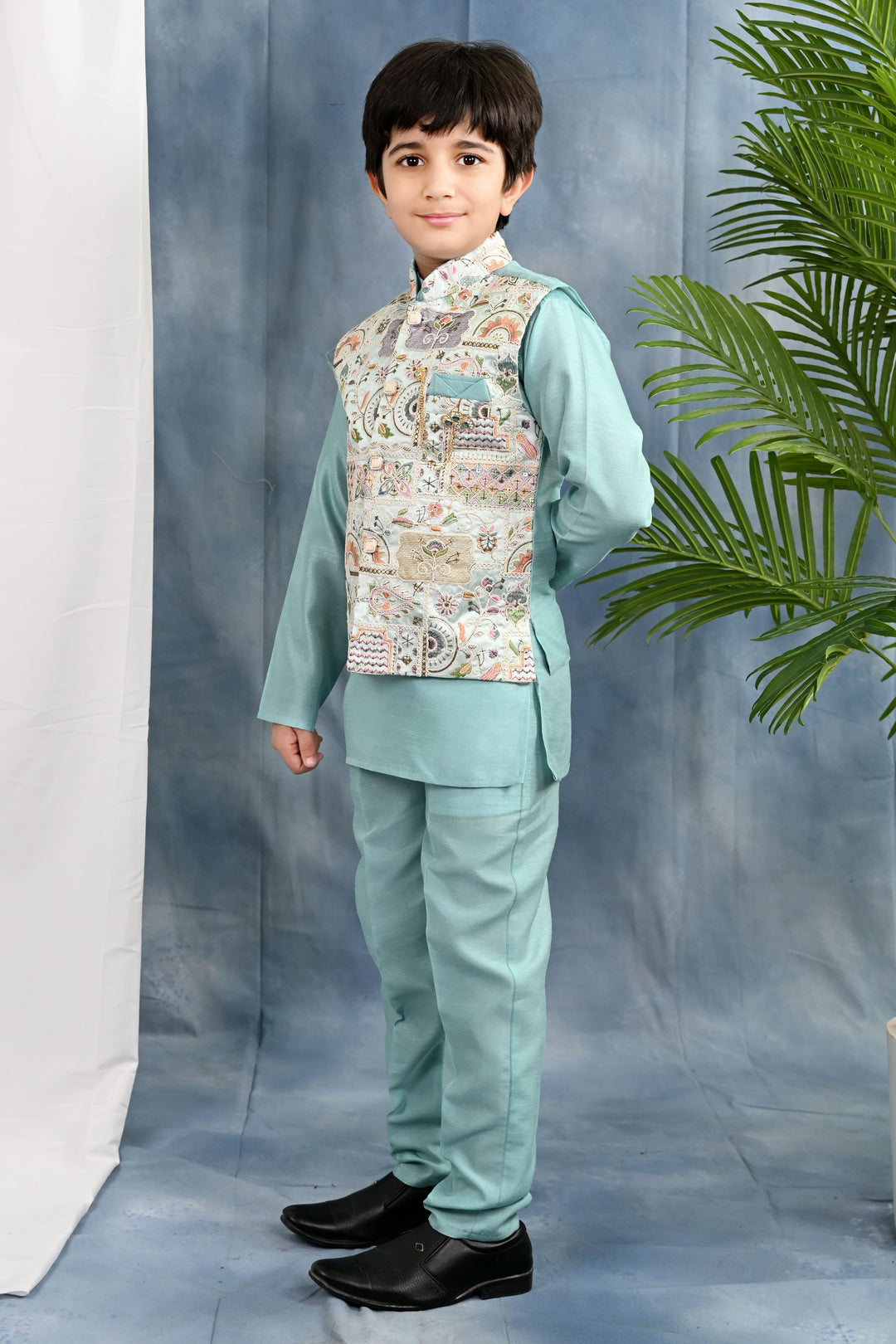 Boys Cotton Silk Kurta & Pyjama Set With Threadwork Embroidered Waistcoat - Light Blue | SHOBITAM