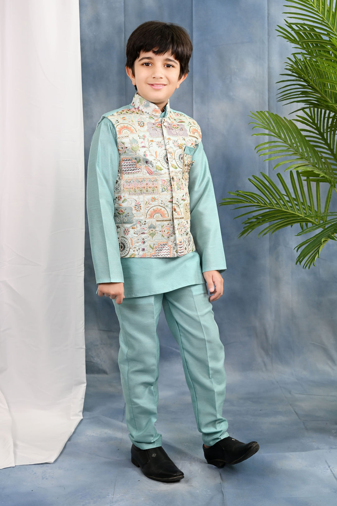 Boys Cotton Silk Kurta & Pyjama Set With Threadwork Embroidered Waistcoat - Light Blue | SHOBITAM