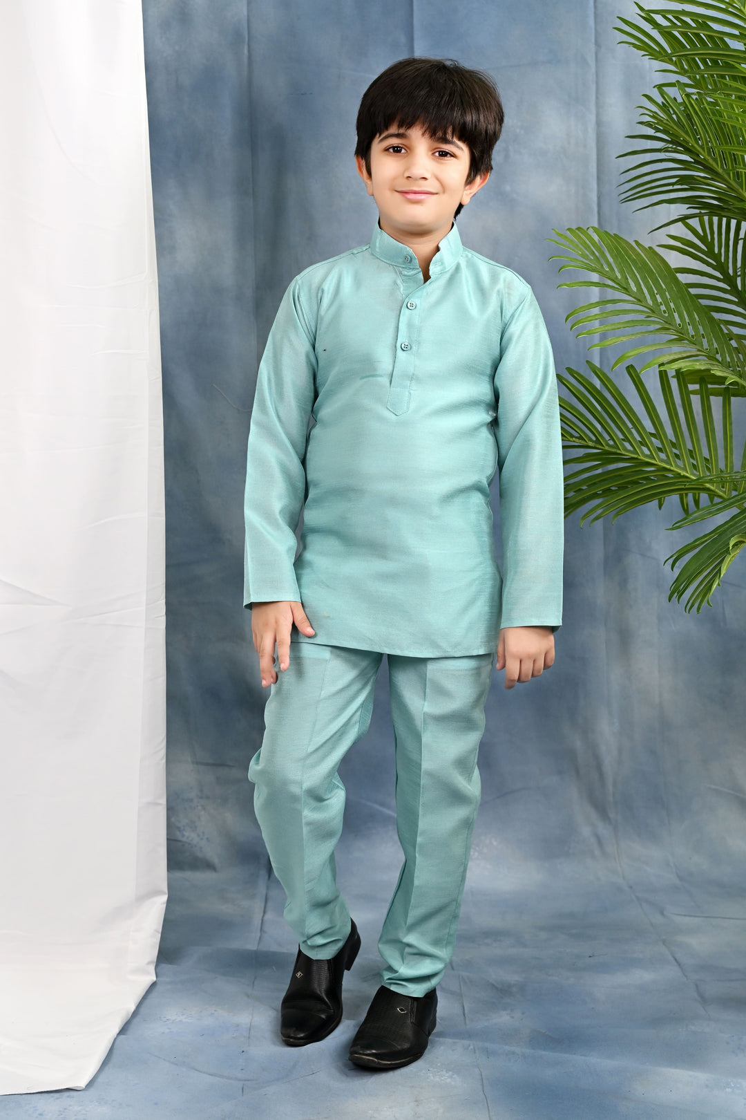 Boys Cotton Silk Kurta & Pyjama Set With Threadwork Embroidered Waistcoat - Light Blue | SHOBITAM