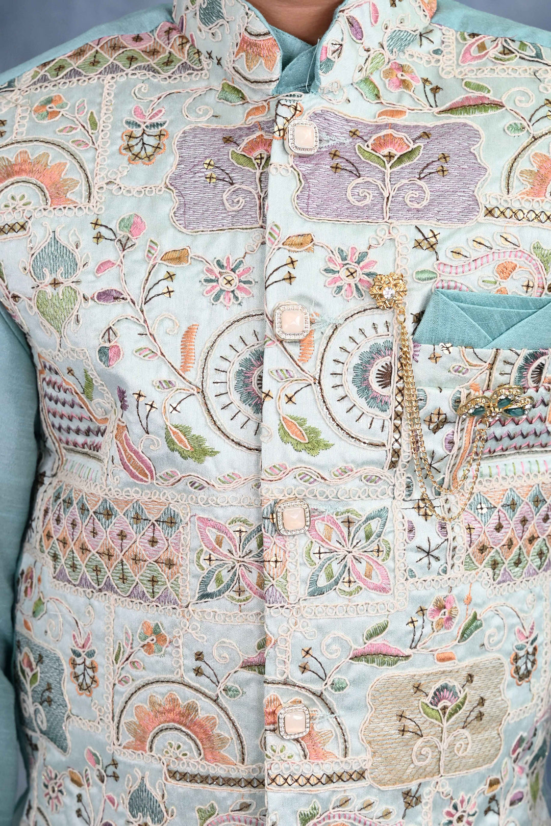 Boys Cotton Silk Kurta & Pyjama Set With Threadwork Embroidered Waistcoat - Light Blue | SHOBITAM