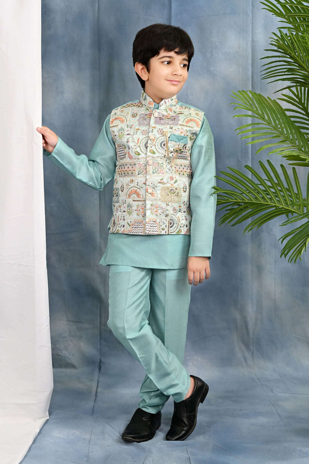 Boys Cotton Silk Kurta & Pyjama Set With Threadwork Embroidered Waistcoat - Light Blue | SHOBITAM