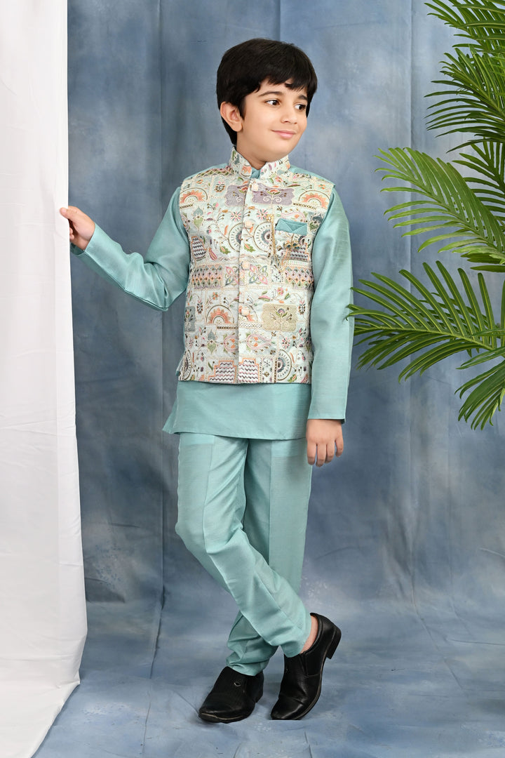 Boys Cotton Silk Kurta & Pyjama Set With Threadwork Embroidered Waistcoat - Light Blue | SHOBITAM
