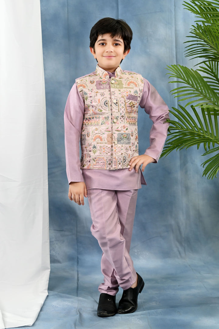 Boys Cotton Silk Kurta & Pyjama Set With Threadwork Embroidered Waistcoat - Lilac | SHOBITAM