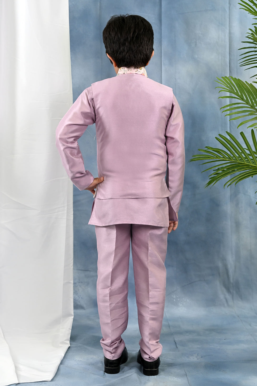 Boys Cotton Silk Kurta & Pyjama Set With Threadwork Embroidered Waistcoat - Lilac | SHOBITAM