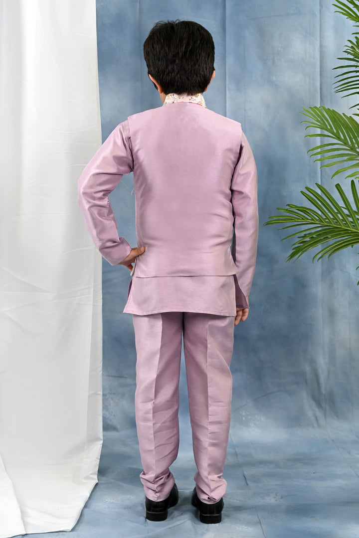Boys Cotton Silk Kurta & Pyjama Set With Threadwork Embroidered Waistcoat - Lilac | SHOBITAM