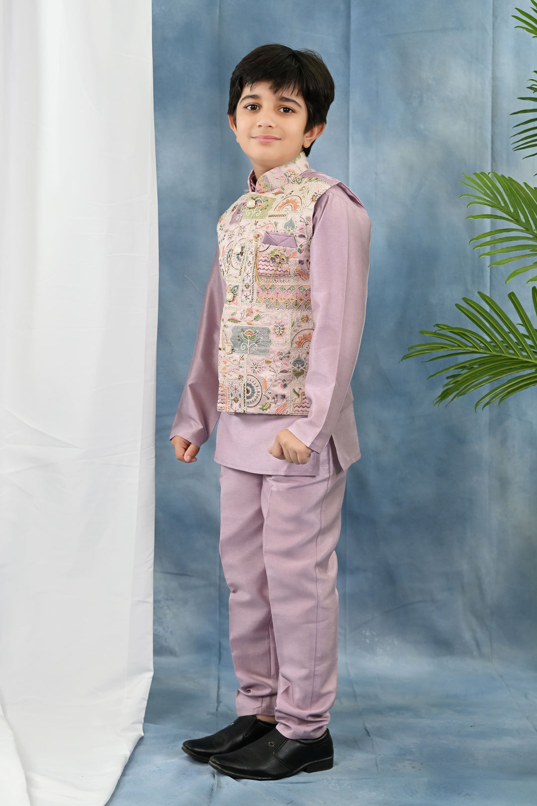 Boys Cotton Silk Kurta & Pyjama Set With Threadwork Embroidered Waistcoat - Lilac | SHOBITAM