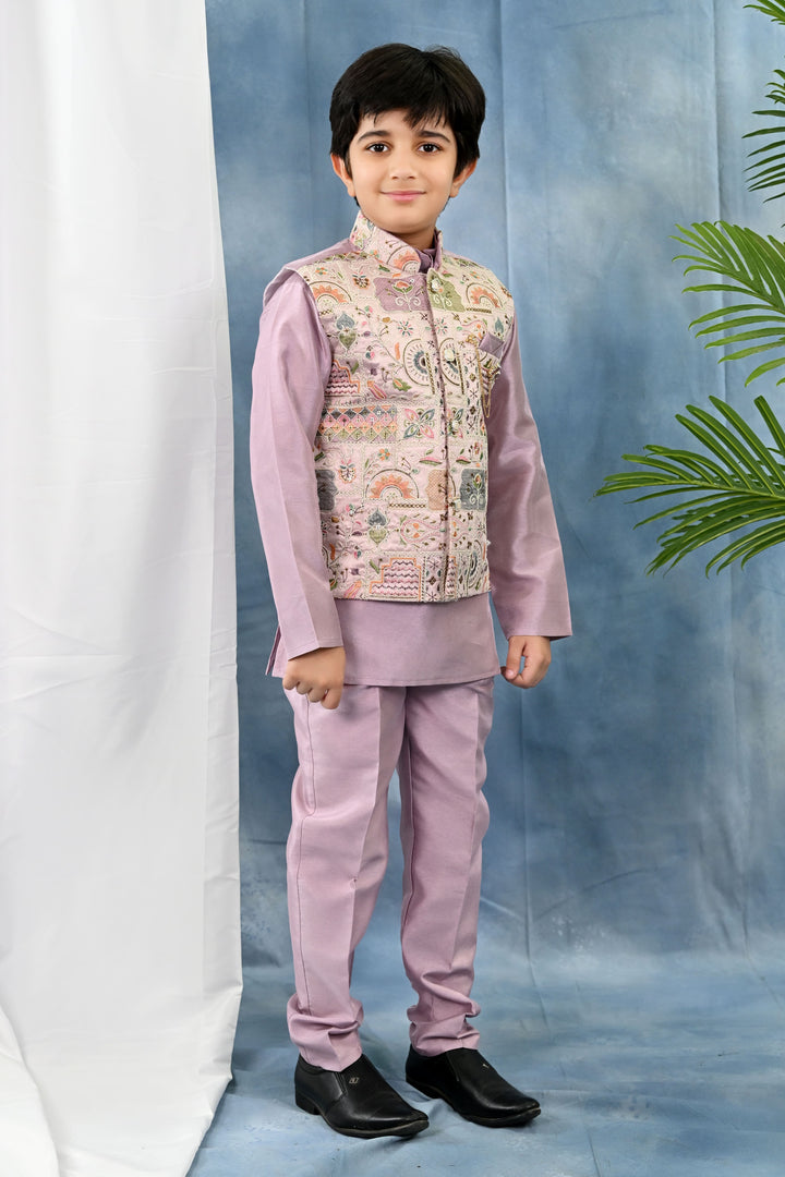 Boys Cotton Silk Kurta & Pyjama Set With Threadwork Embroidered Waistcoat - Lilac | SHOBITAM