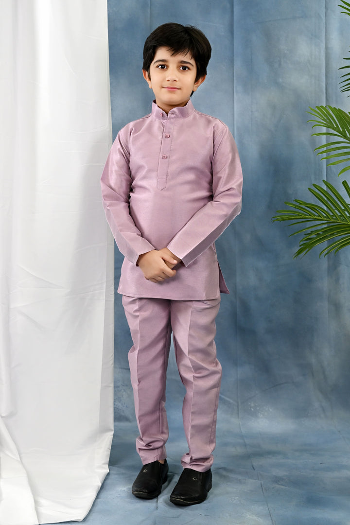 Boys Cotton Silk Kurta & Pyjama Set With Threadwork Embroidered Waistcoat - Lilac | SHOBITAM