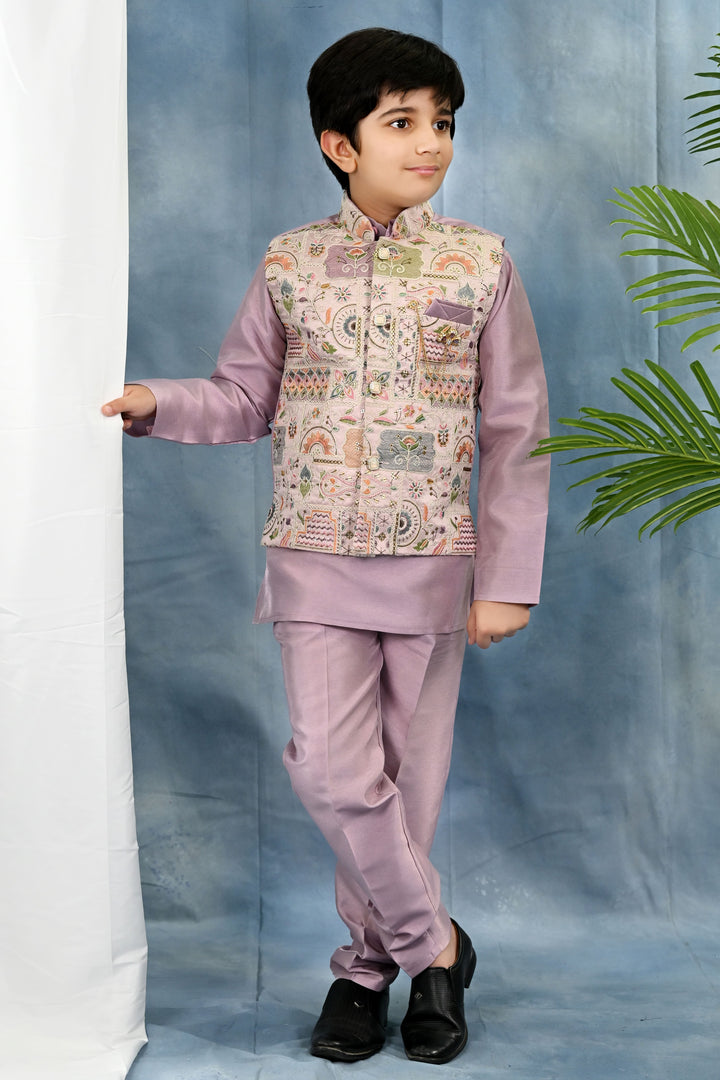 Boys Cotton Silk Kurta & Pyjama Set With Threadwork Embroidered Waistcoat - Lilac | SHOBITAM