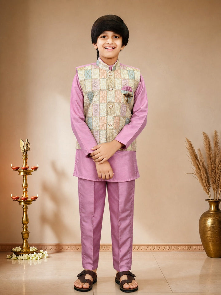 Boys Cotton Silk Patchwork Embroidered Kurta Pyjama & Waistcoat Set - Lilac | SHOBITAM