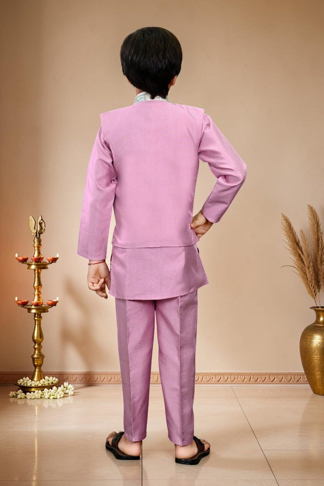 Boys Cotton Silk Patchwork Embroidered Kurta Pyjama & Waistcoat Set - Lilac | SHOBITAM
