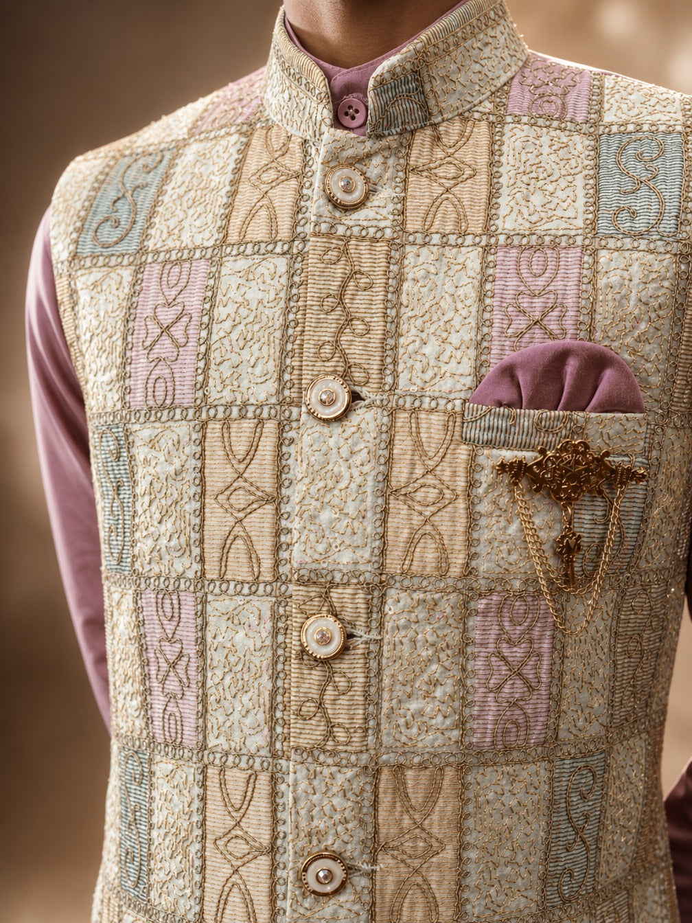 Boys Cotton Silk Patchwork Embroidered Kurta Pyjama & Waistcoat Set - Lilac | SHOBITAM