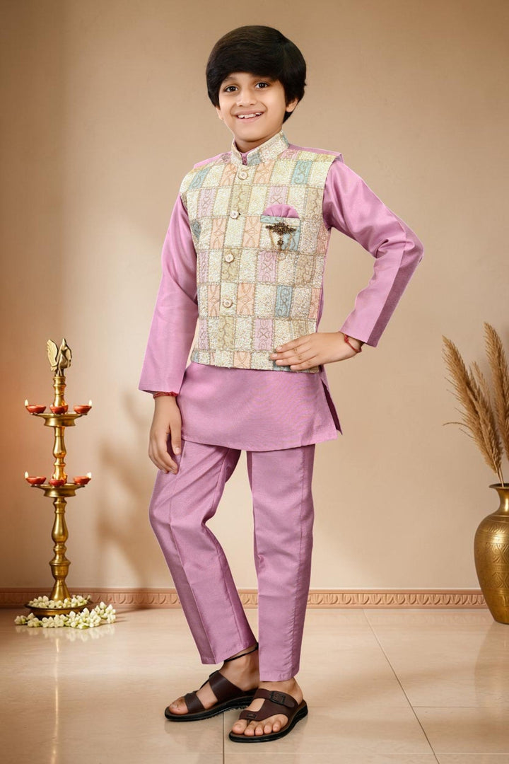 Boys Cotton Silk Patchwork Embroidered Kurta Pyjama & Waistcoat Set - Lilac | SHOBITAM