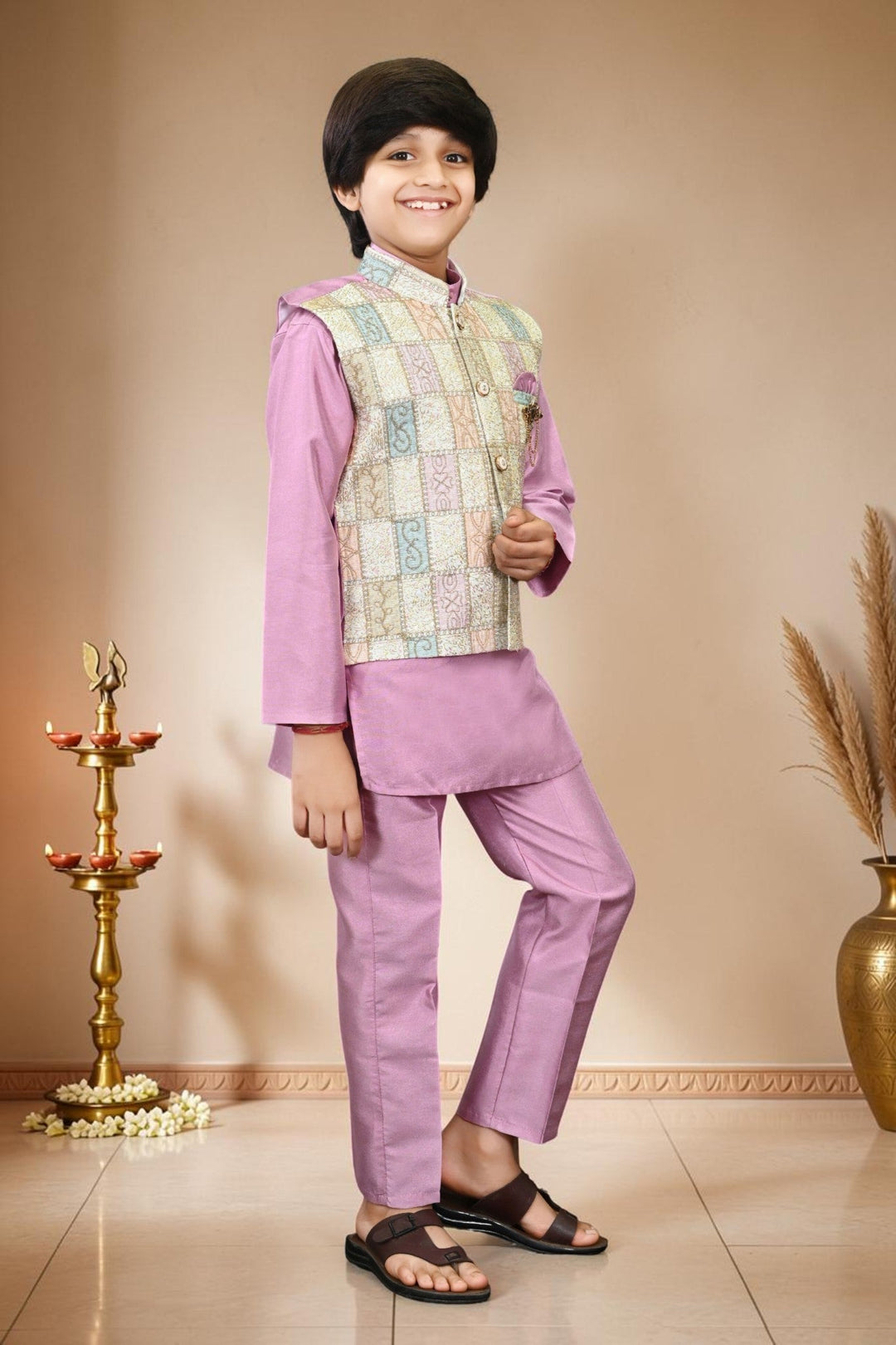 Boys Cotton Silk Patchwork Embroidered Kurta Pyjama & Waistcoat Set - Lilac | SHOBITAM
