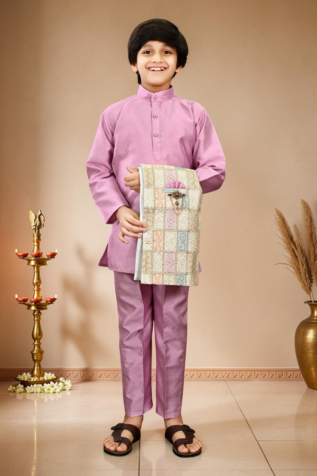 Boys Cotton Silk Patchwork Embroidered Kurta Pyjama & Waistcoat Set - Lilac | SHOBITAM