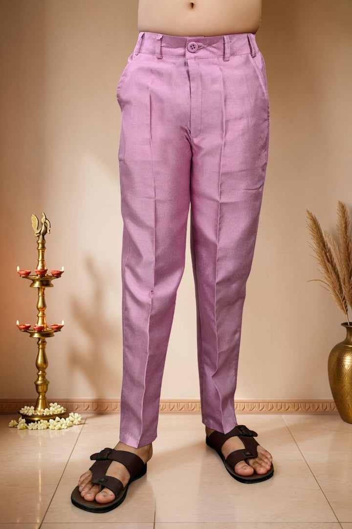 Boys Cotton Silk Patchwork Embroidered Kurta Pyjama & Waistcoat Set - Lilac | SHOBITAM