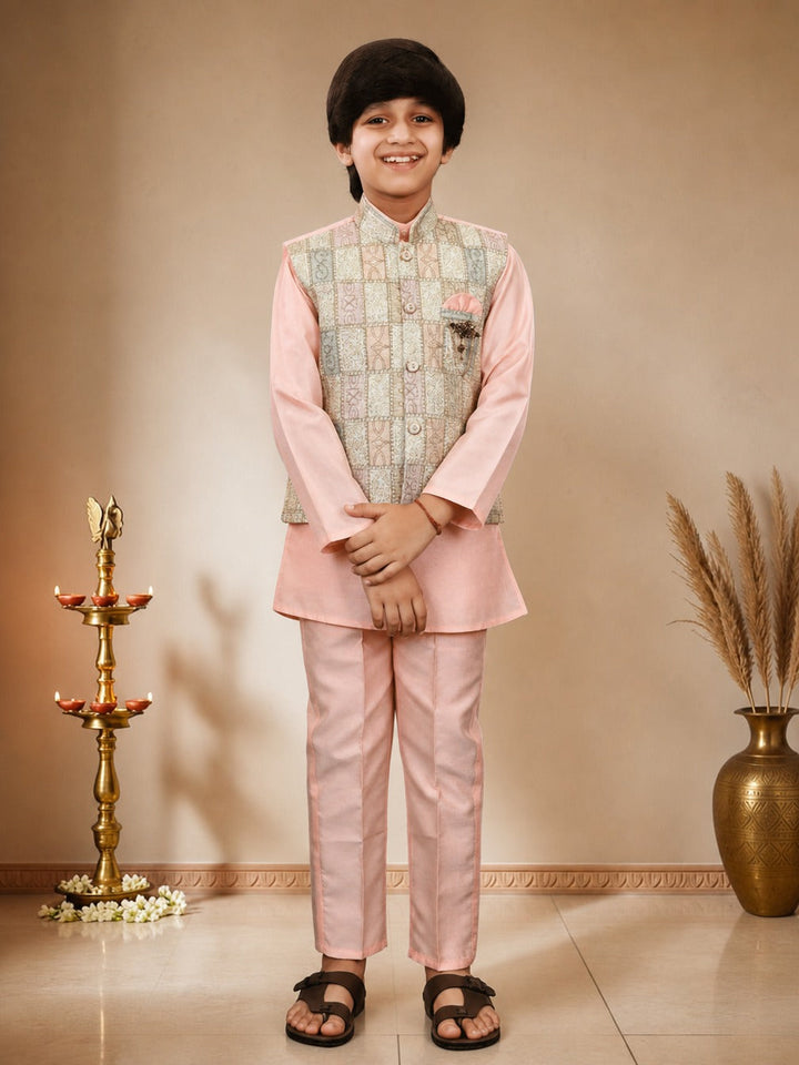Boys Cotton Silk Patchwork Embroidered Kurta Pyjama & Waistcoat Set - Blush Peach | SHOBITAM