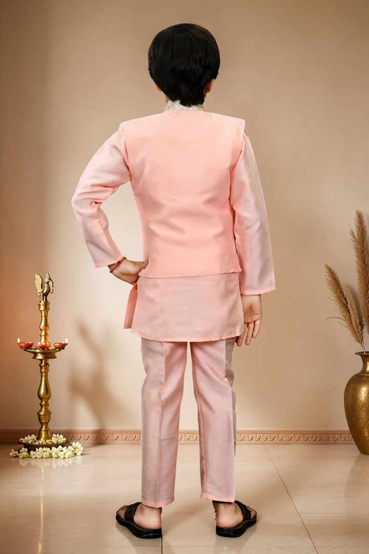 Boys Cotton Silk Patchwork Embroidered Kurta Pyjama & Waistcoat Set - Blush Peach | SHOBITAM