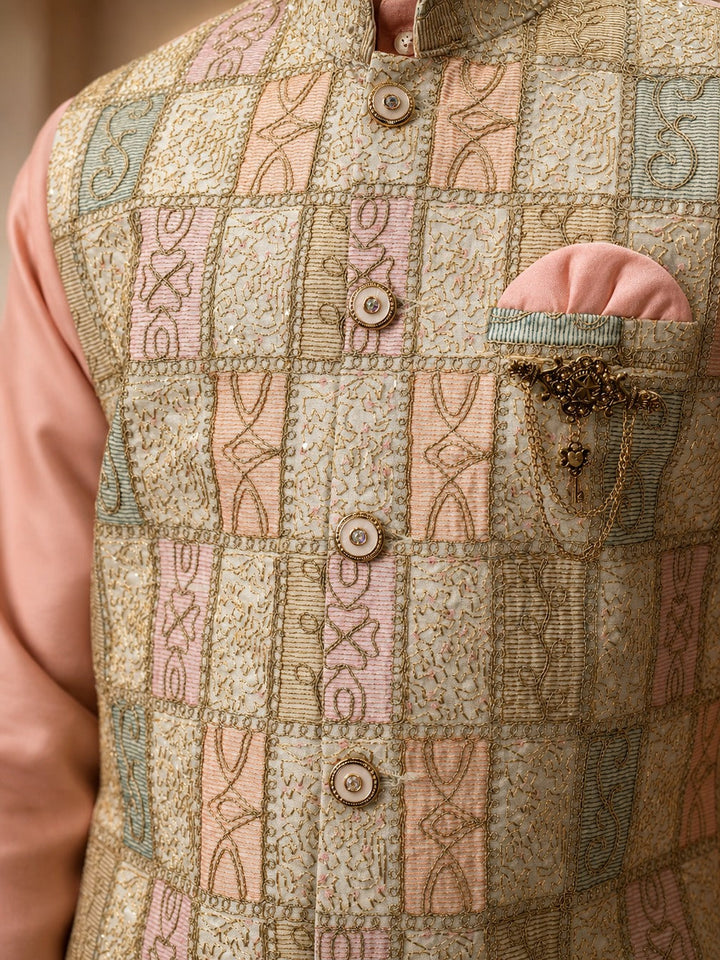 Boys Cotton Silk Patchwork Embroidered Kurta Pyjama & Waistcoat Set - Blush Peach | SHOBITAM