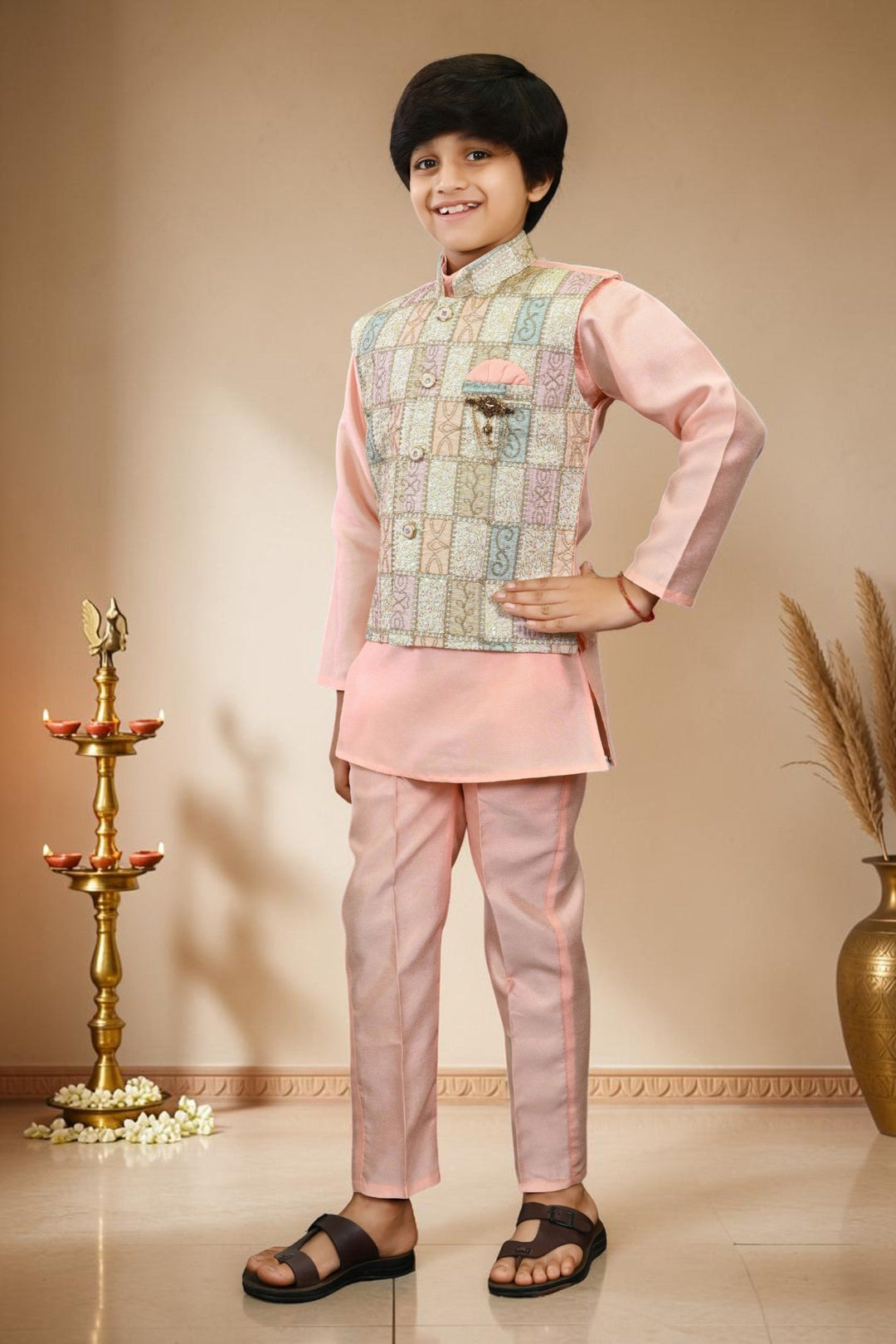 Boys Cotton Silk Patchwork Embroidered Kurta Pyjama & Waistcoat Set - Blush Peach | SHOBITAM