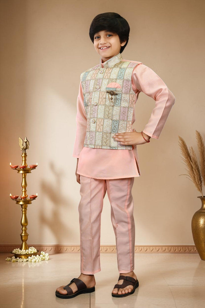 Boys Cotton Silk Patchwork Embroidered Kurta Pyjama & Waistcoat Set - Blush Peach | SHOBITAM