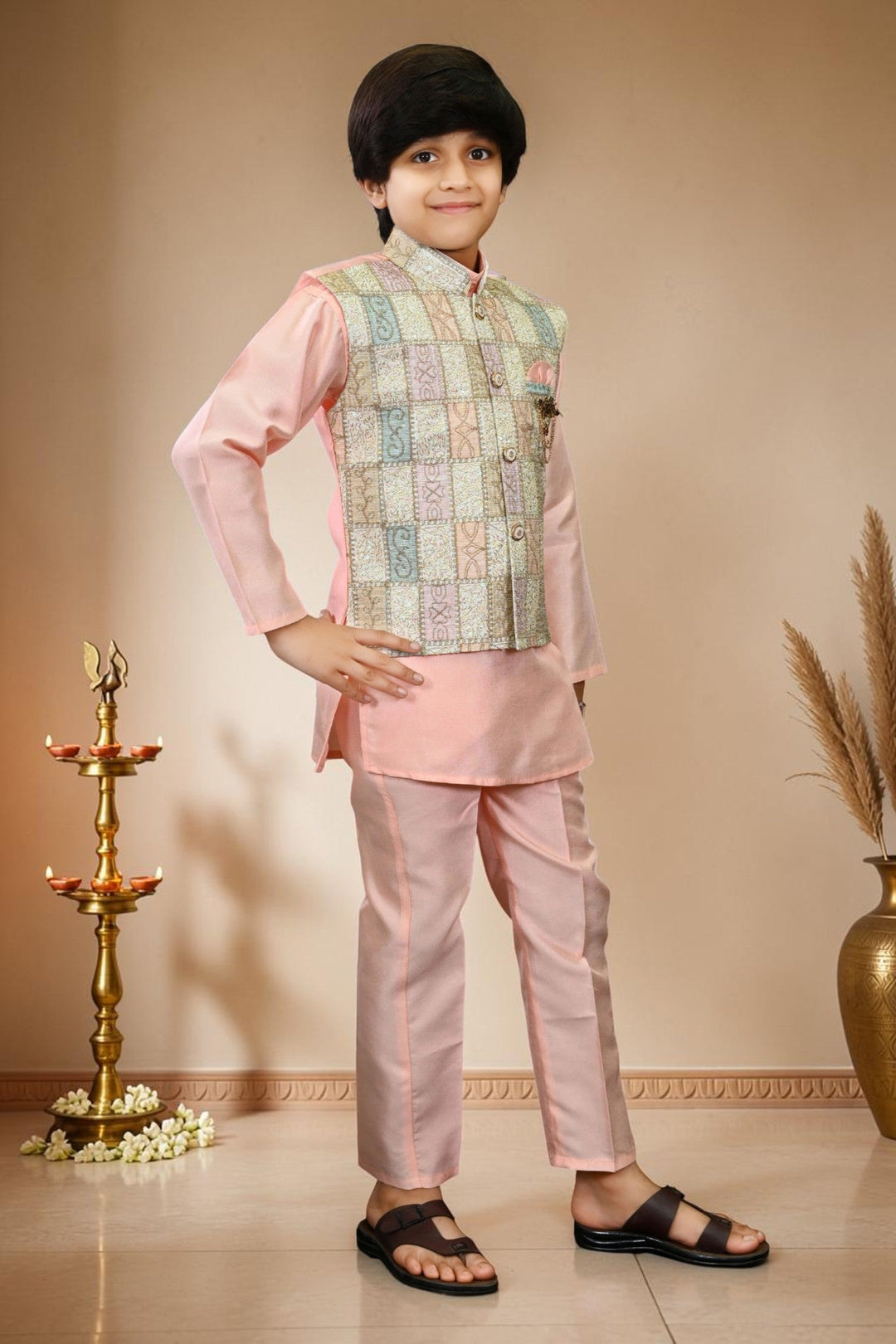 Boys Cotton Silk Patchwork Embroidered Kurta Pyjama & Waistcoat Set - Blush Peach | SHOBITAM